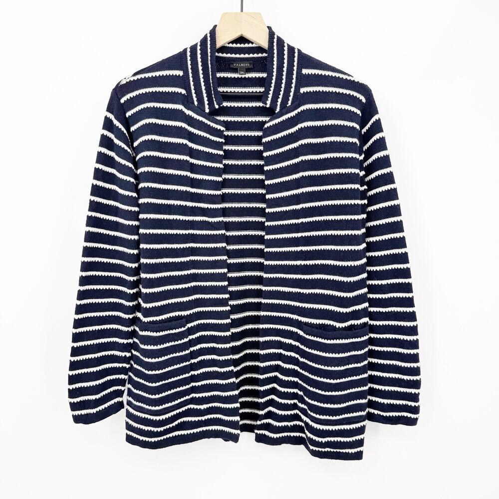 Talbots XS Navy White Striped Open Front Cardigan Cotton Cashmere Blend Nautical